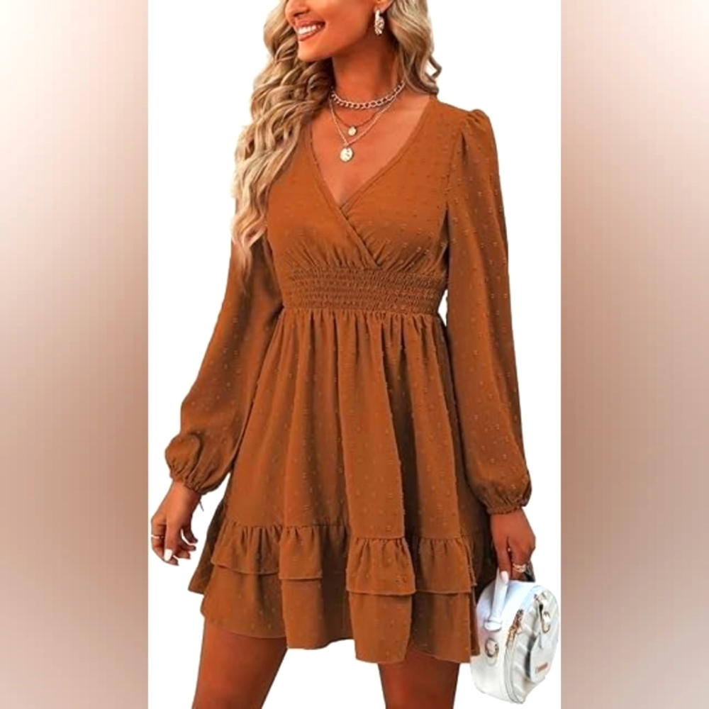 Rooscier Women's Wrap V-Neck Dress - Brown, size Small